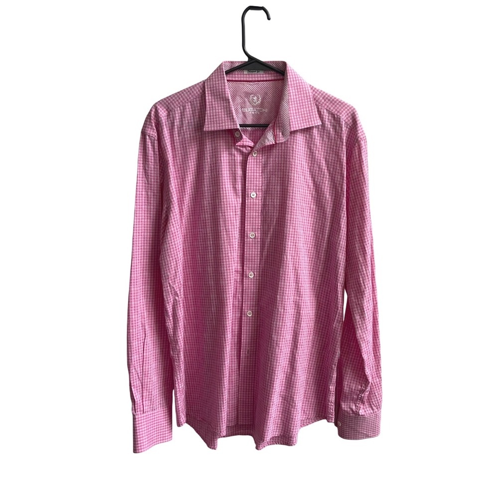 Bugatchi Uomo Button Down Mens L Pink Gingham Jacquard Shaped Fit Cotton Shirt